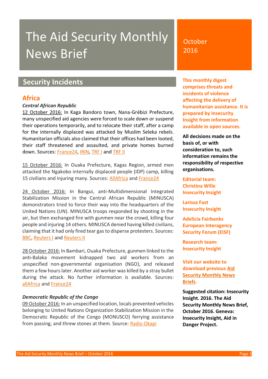 The Aid Security Monthly News Brief – October 2016 Page 1