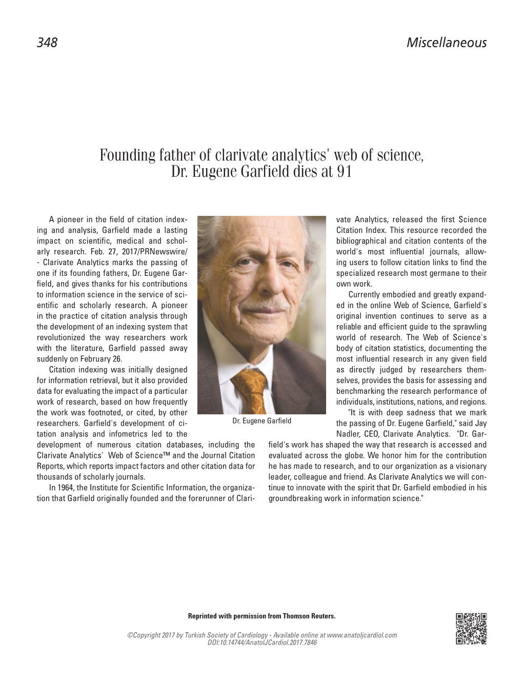 Founding Father of Clarivate Analytics' Web of Science, Dr. Eugene Garfield Dies at 91
