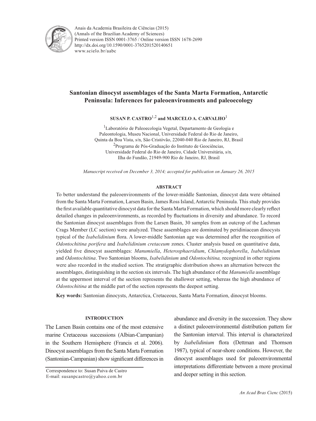 Santonian Dinocyst Assemblages of the Santa Marta Formation, Antarctic Peninsula: Inferences for Paleoenvironments and Paleoecology