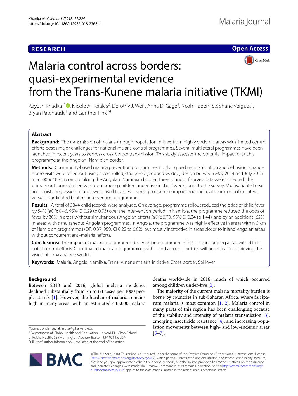 Quasi-Experimental Evidence from the Trans-Kunene Malaria Initiative