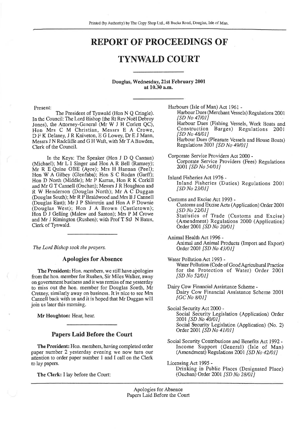 Report of Proceedings of Tynwald Court