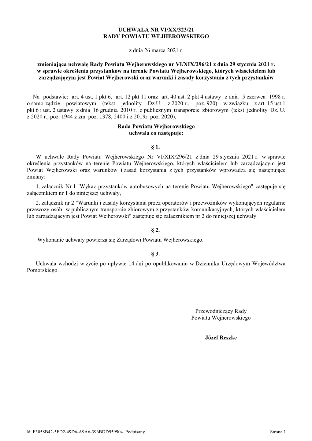 Uchwała Nr Vi/Xx/323/21 Rady Powiatu Wejherowskiego