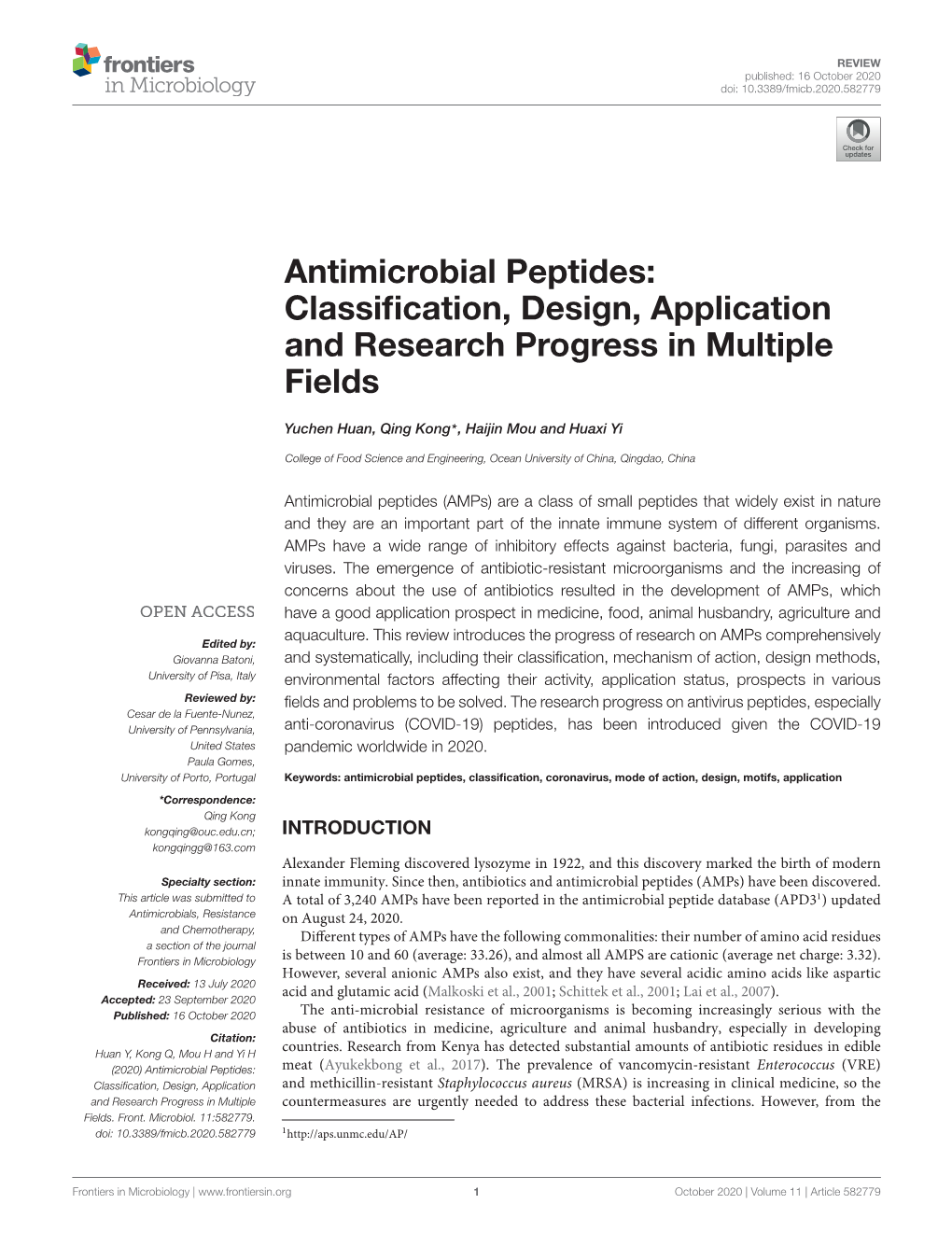 Antimicrobial Peptides: Classification, Design, Application and Research