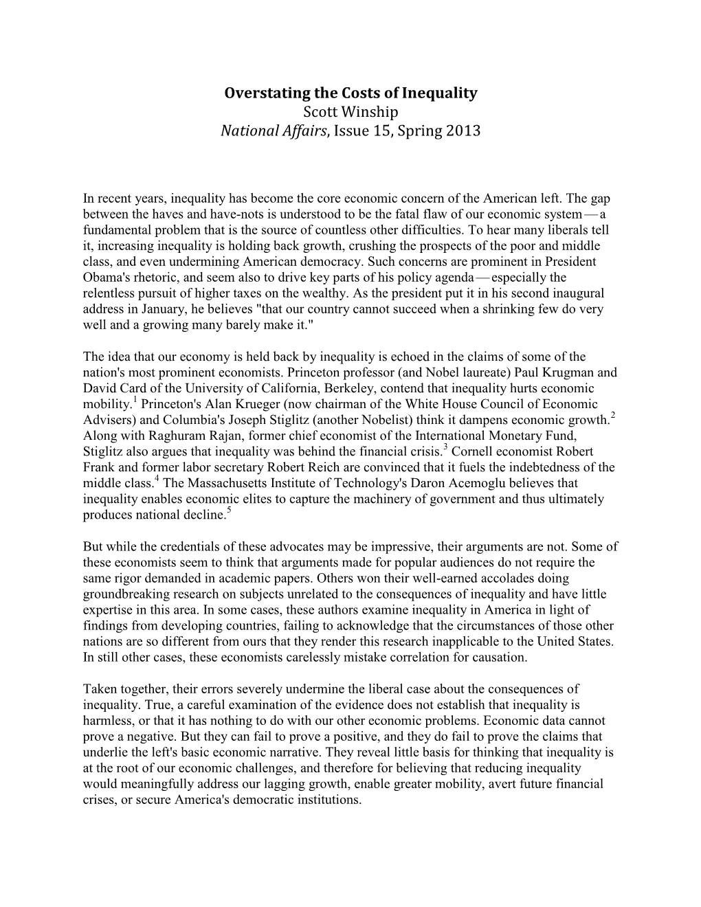 Overstating the Costs of Inequality Scott Winship National Affairs, Issue 15, Spring 2013