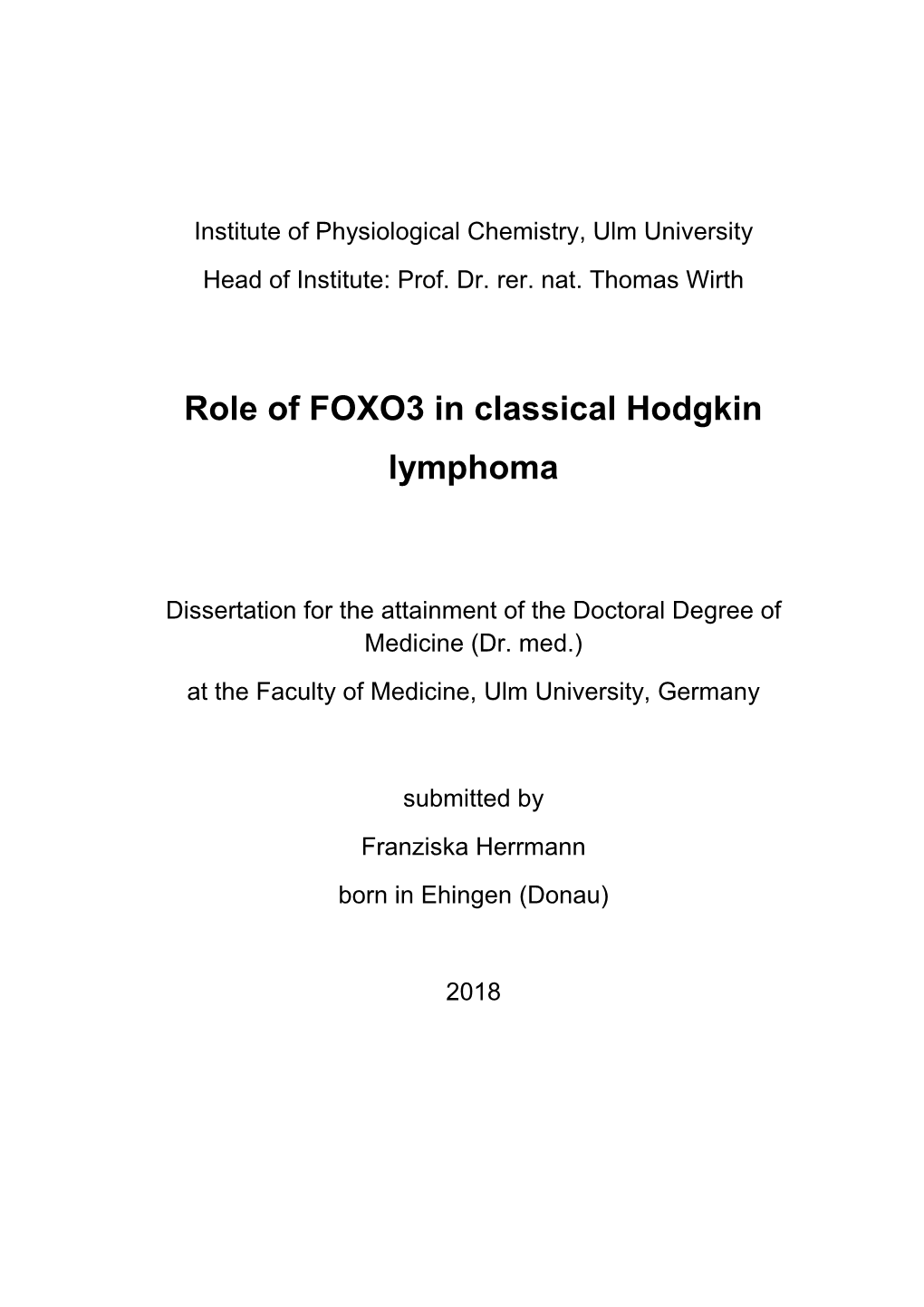 Role of FOXO3 in Classical Hodgkin Lymphoma