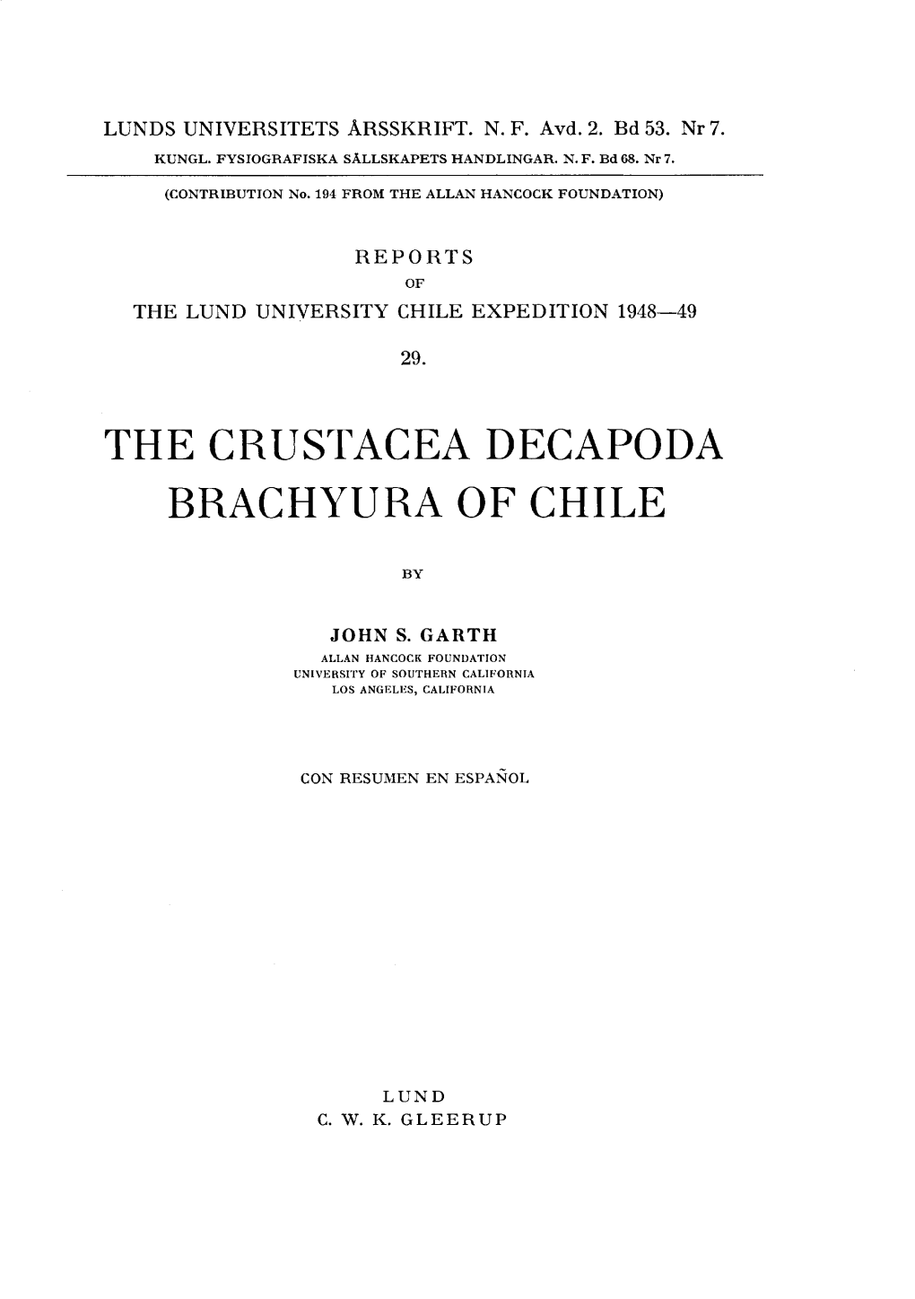 The Crustacea Decapoda Brachyura of Chile