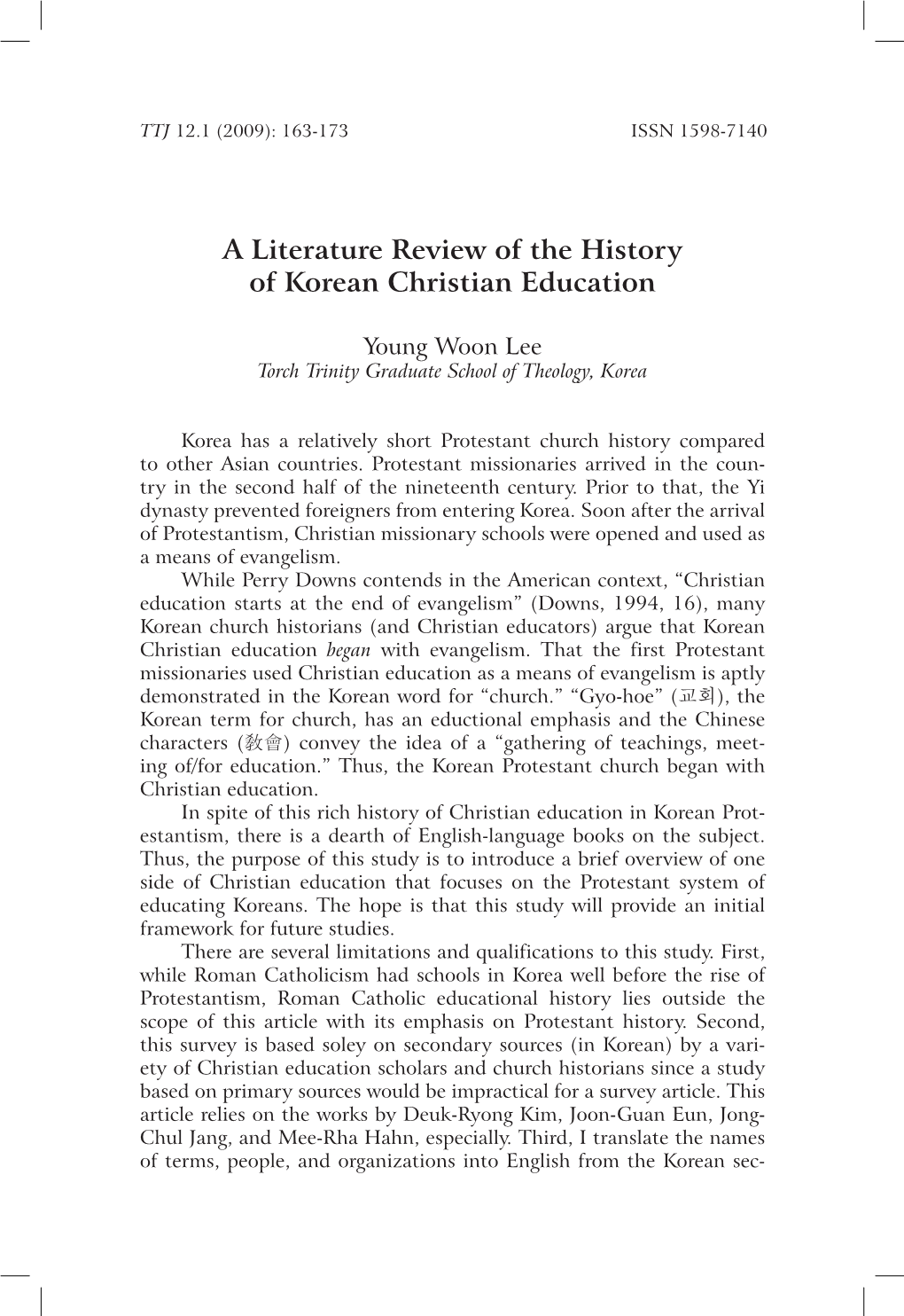 A Literature Review of the History of Korean Christian Education