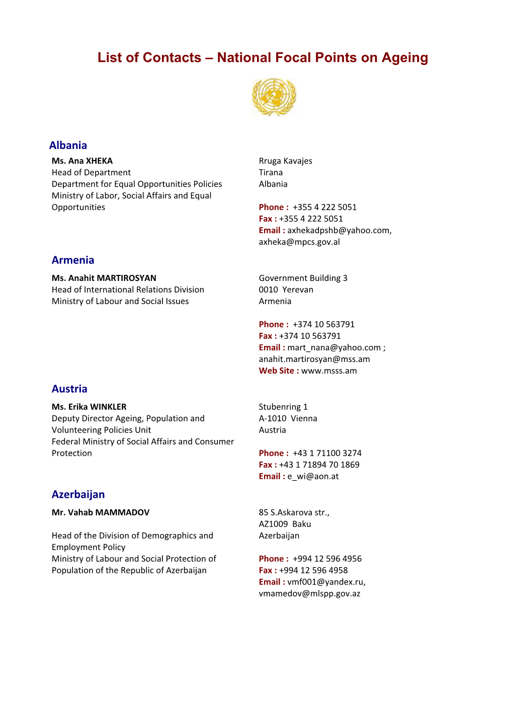 List of Contacts – National Focal Points on Ageing