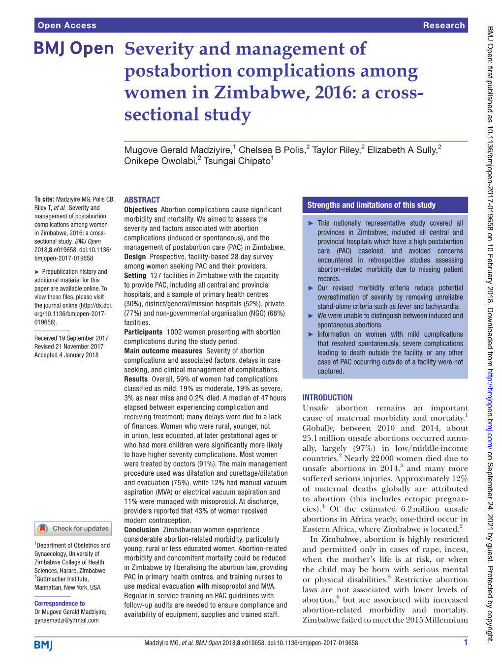 Severity and Management of Postabortion Complications Among Women in Zimbabwe, 2016: a Cross- Sectional Study