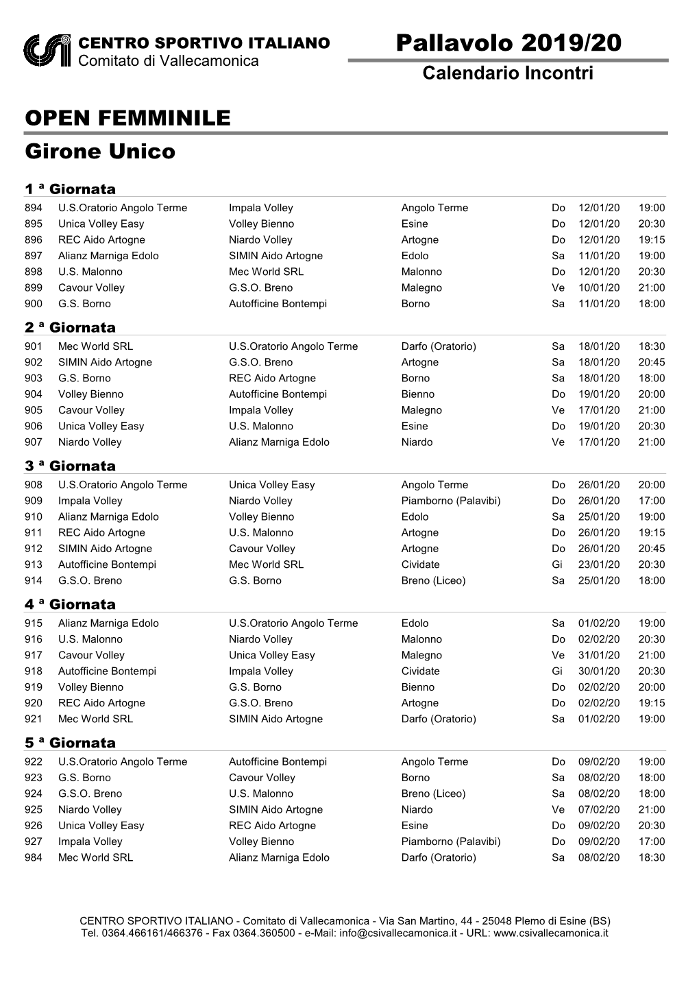 Pallavolo 2019/20 Comitato Di Vallecamonica Calendario Incontri