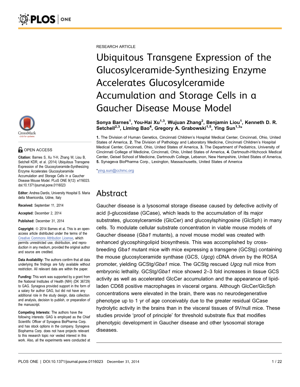 Ubiquitous Transgene Expression of the Glucosylceramide-Synthesizing