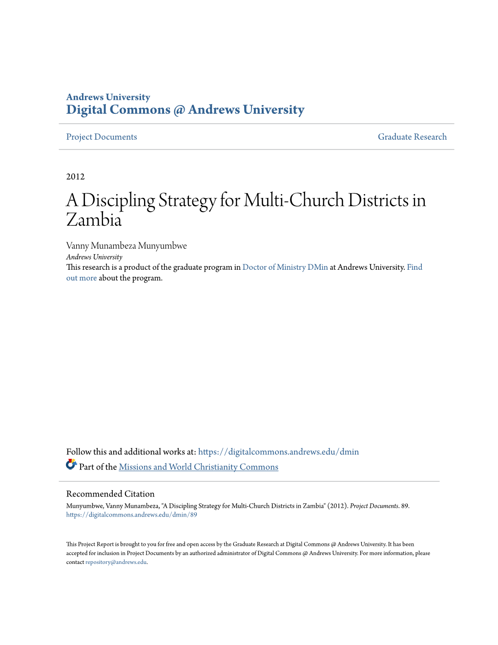 A Discipling Strategy for Multi-Church Districts in Zambia