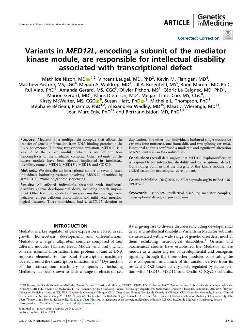Variants in MED12L, Encoding a Subunit of the Mediator Kinase Module, Are Responsible for Intellectual Disability Associated with Transcriptional Defect