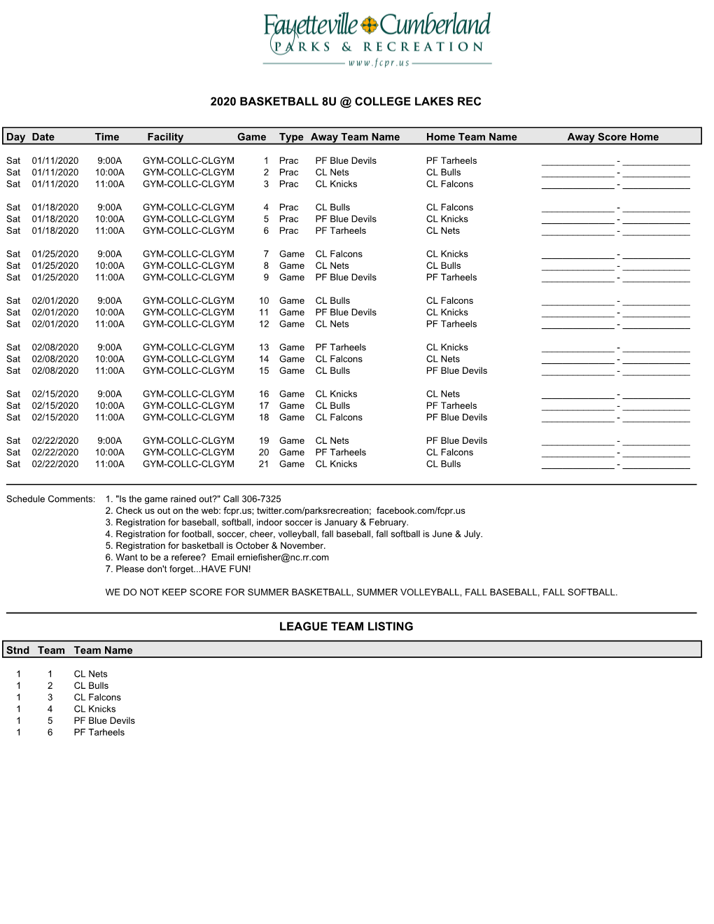 2020 Basketball 8U @ College Lakes Rec League Team Listing