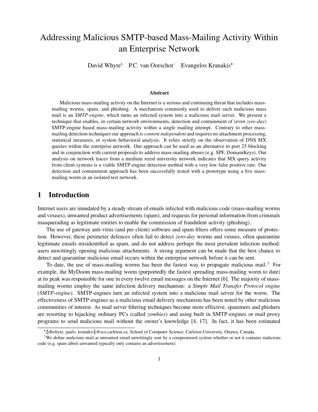 Addressing Malicious SMTP-Based Mass-Mailing Activity Within an Enterprise Network