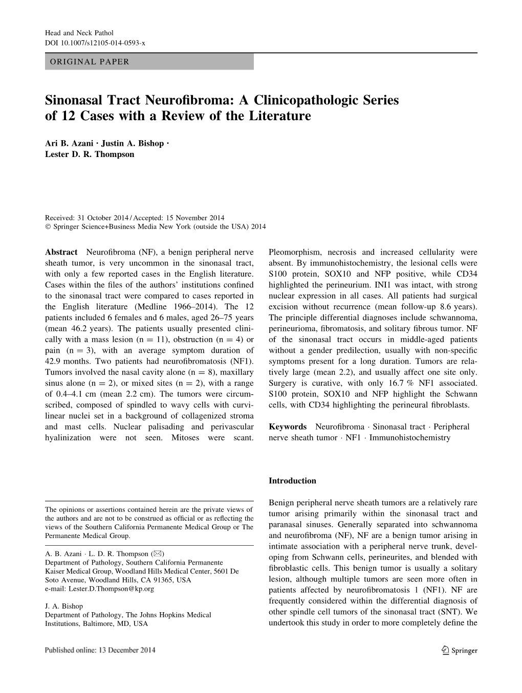 Sinonasal Tract Neurofibroma: a Clinicopathologic Series of 12