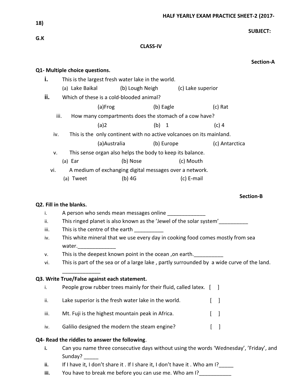 Half Yearly Exam Practice Sheet-2 (2017-18)