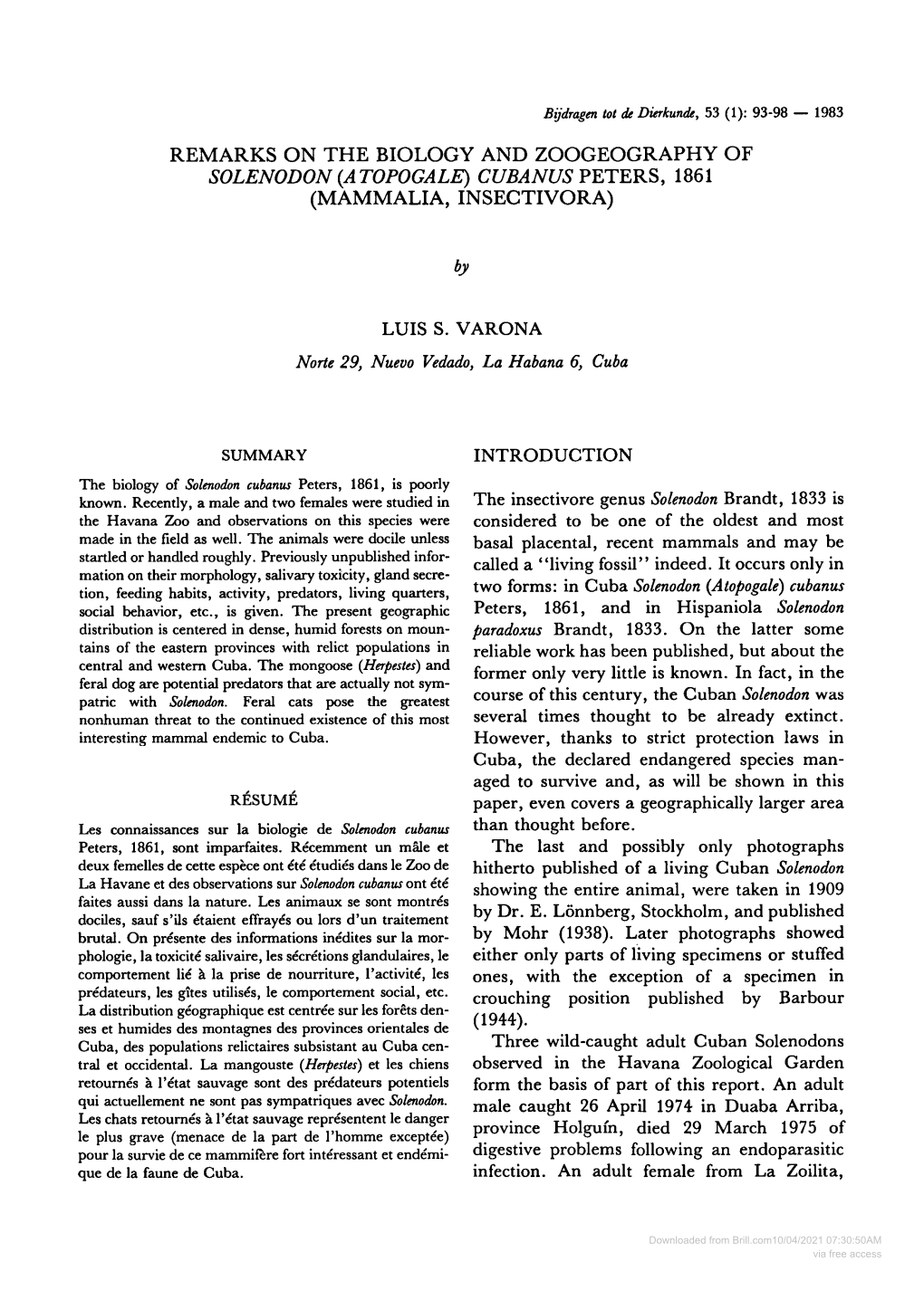 Remarks on the Biology and Zoogeography of Solenodon