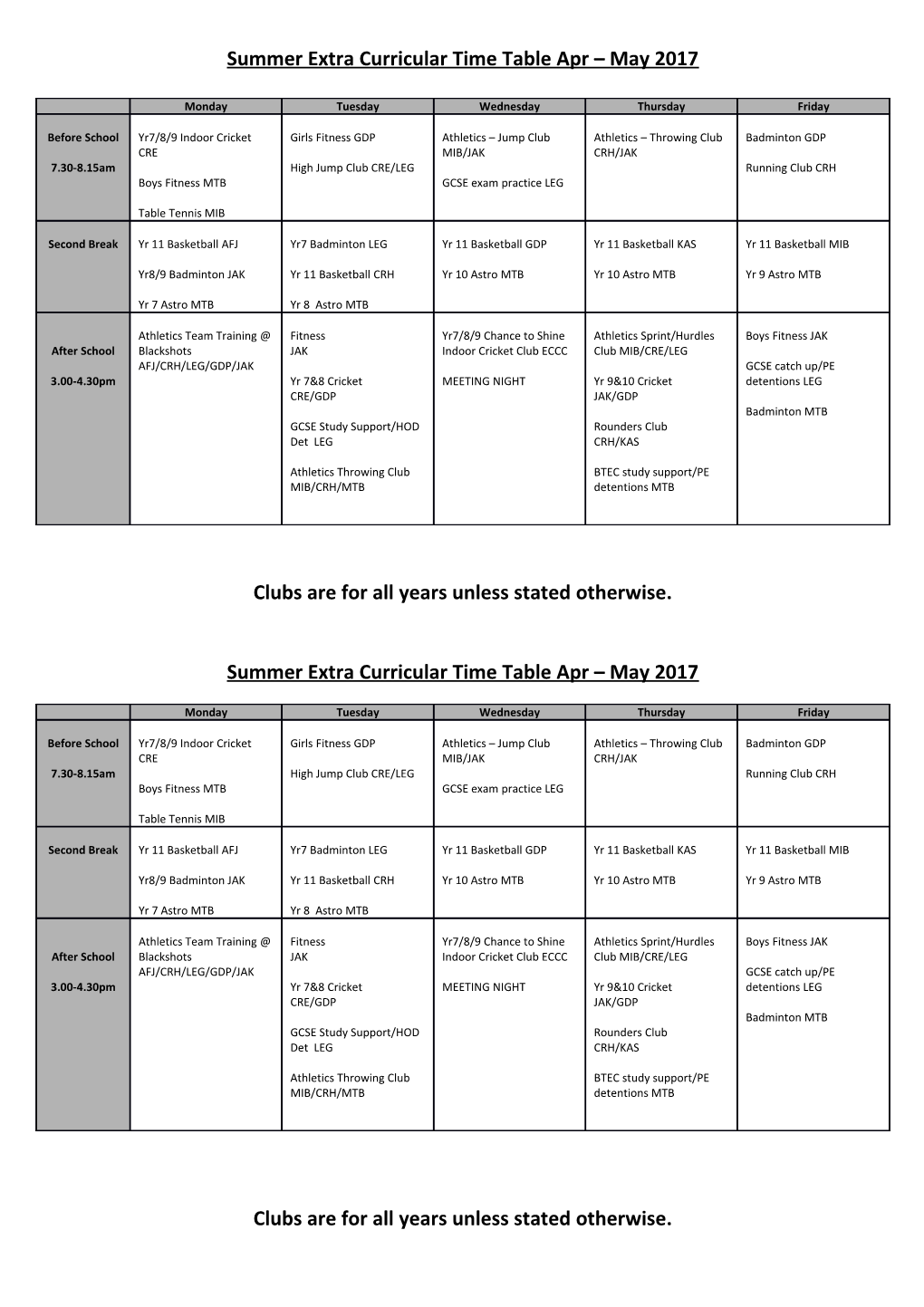 Extra Curricular Time Table