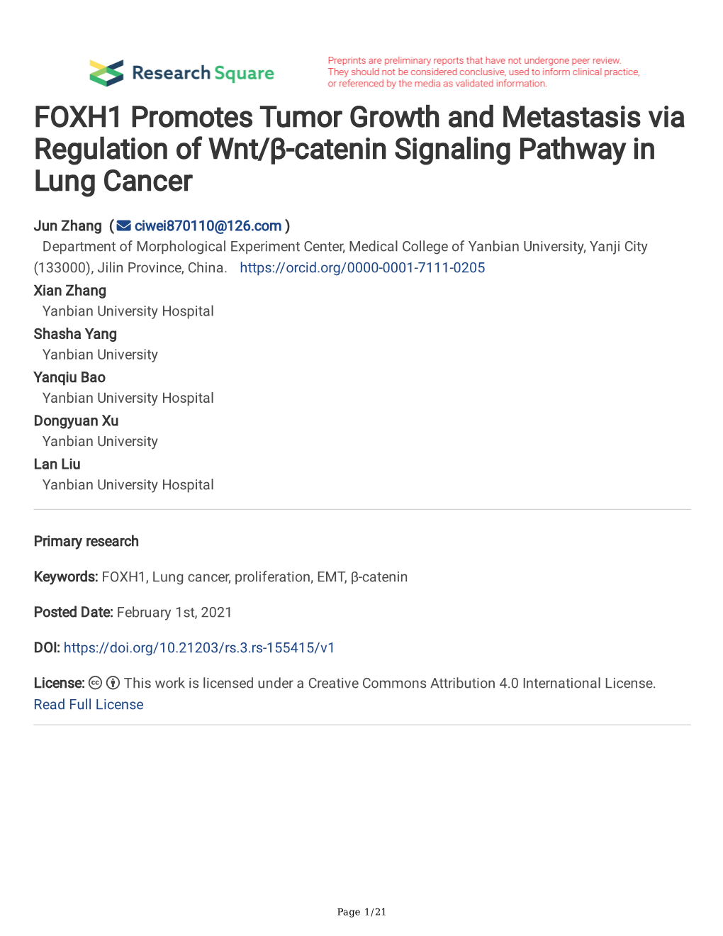 FOXH1 Promotes Tumor Growth and Metastasis Via Regulation of Wnt/Β-Catenin Signaling Pathway in Lung Cancer