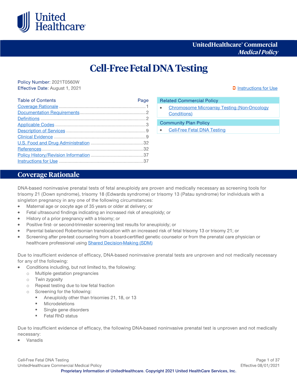 Cell-Free Fetal DNA Testing – Commercial Medical Policy