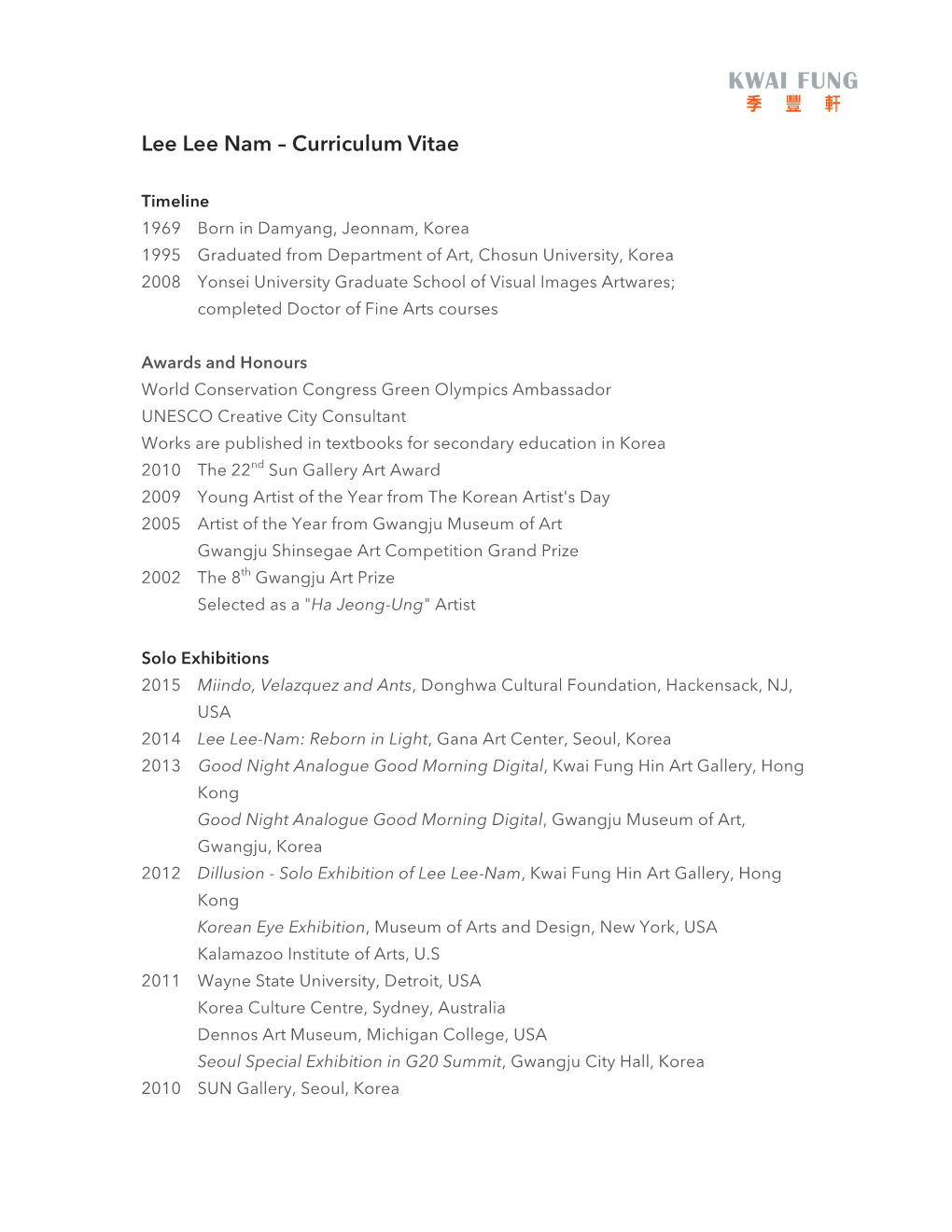 Lee Lee Nam – Curriculum Vitae