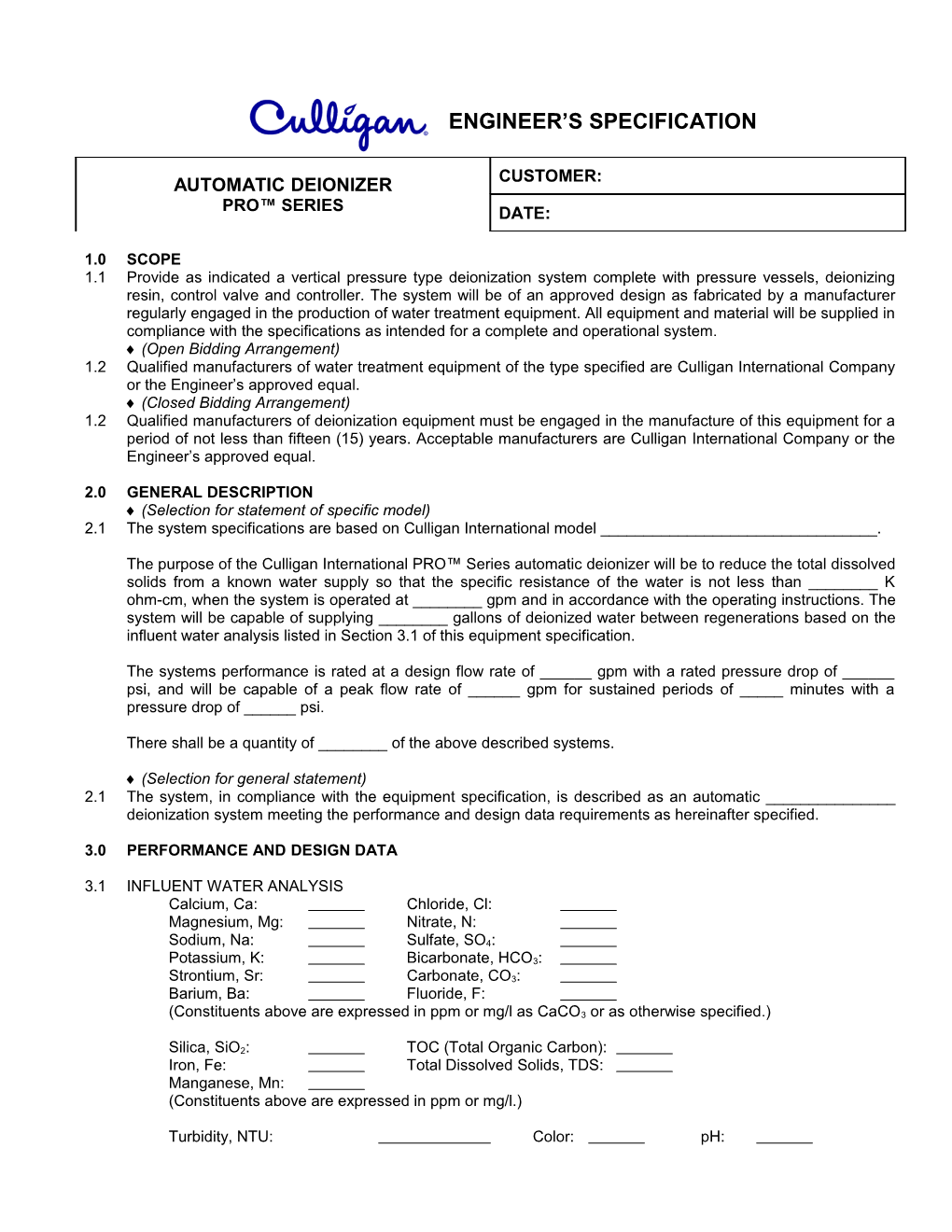 Pro Series Deionizer Engineer's Specification