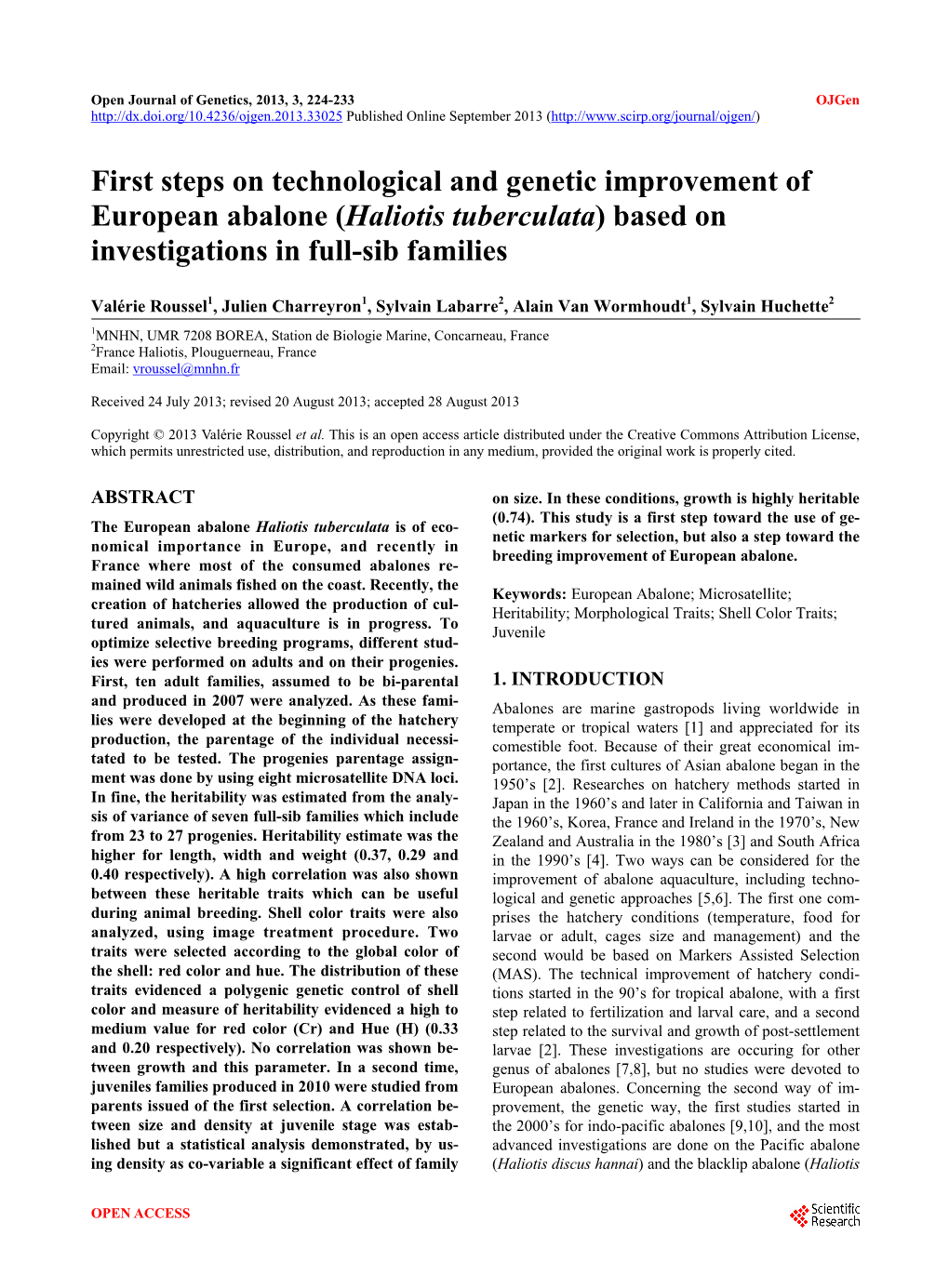 First Steps on Technological and Genetic Improvement of European Abalone (Haliotis Tuberculata) Based on Investigations in Full-Sib Families