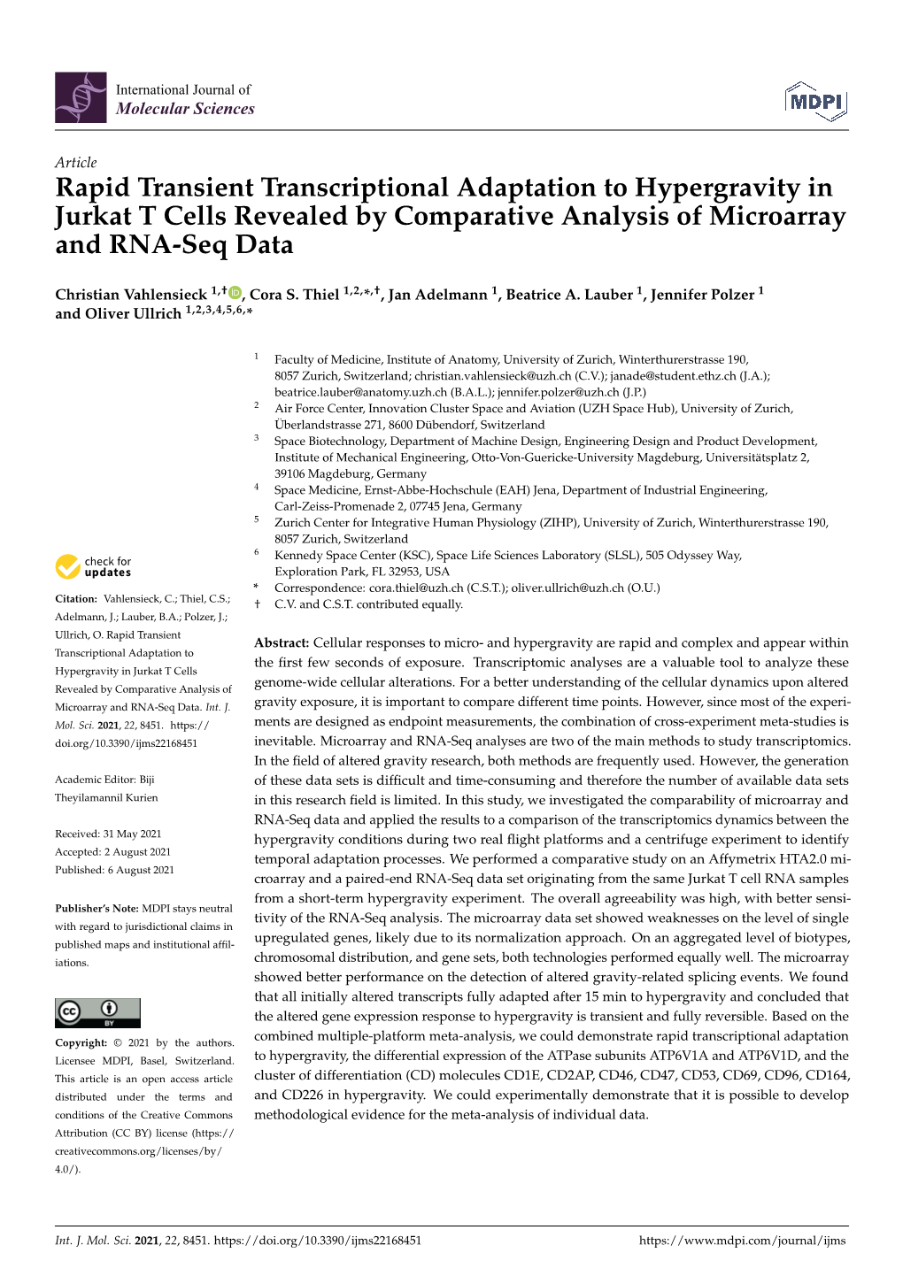 Rapid Transient Transcriptional Adaptation to Hypergravity in Jurkat T Cells Revealed by Comparative Analysis of Microarray and RNA-Seq Data