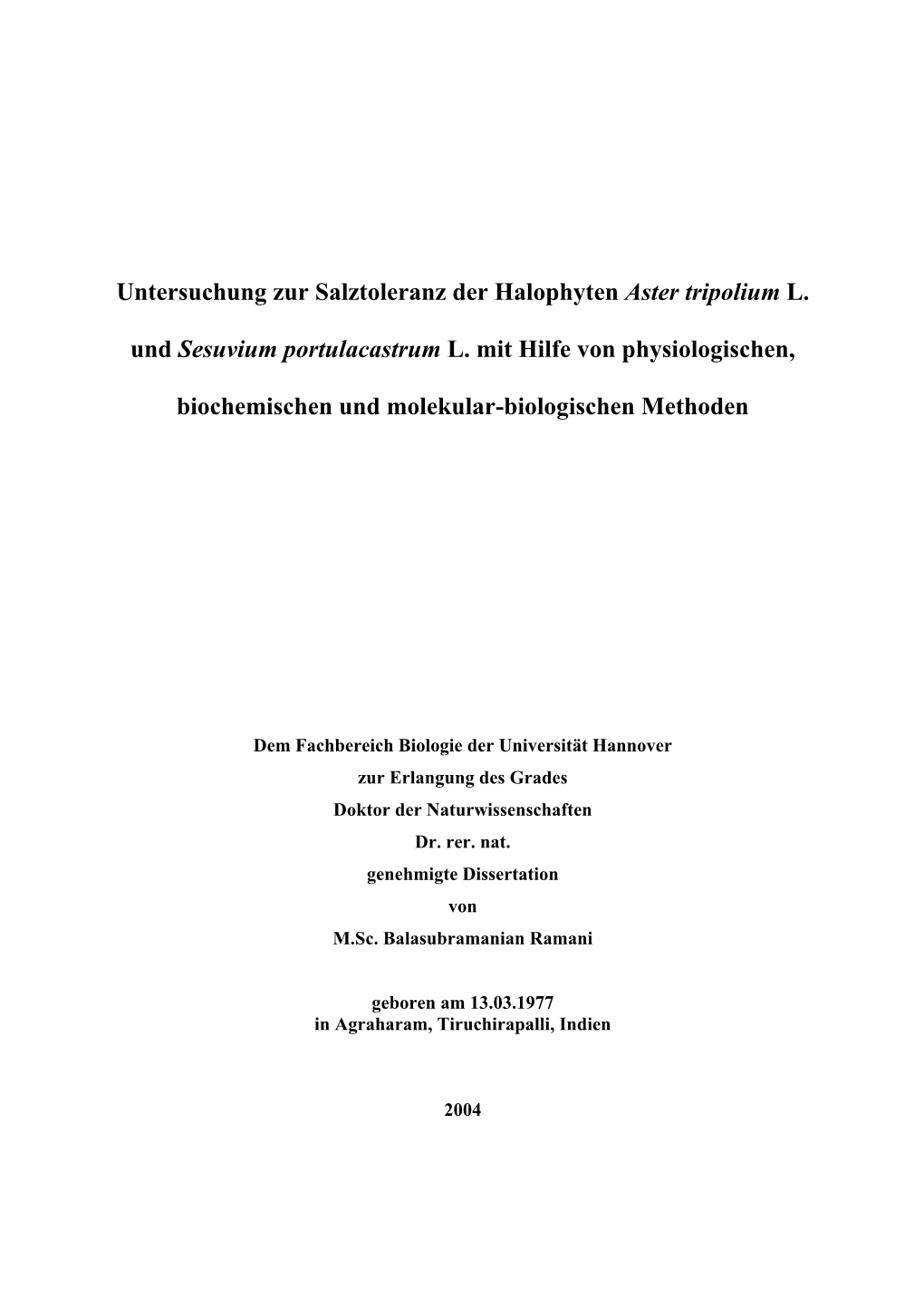 Untersuchung Zur Salztoleranz Der Halophyten Aster Tripolium L. Und