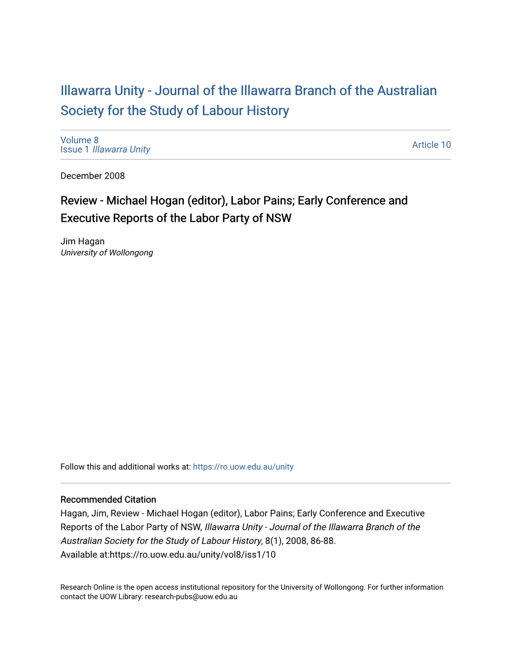 Review - Michael Hogan (Editor), Labor Pains; Early Conference and Executive Reports of the Labor Party of NSW