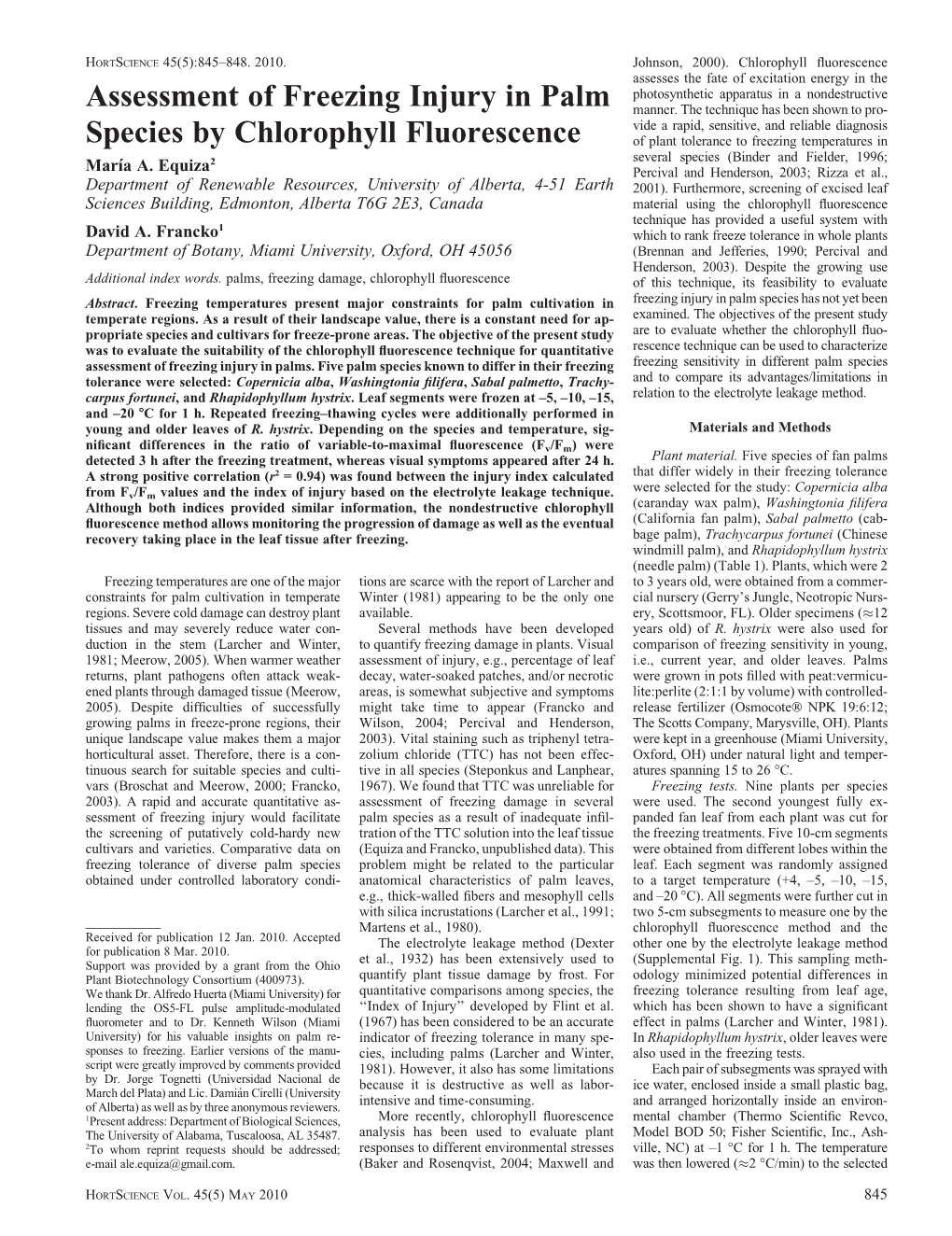 Assessment of Freezing Injury in Palm Species by Chlorophyll Fluorescence