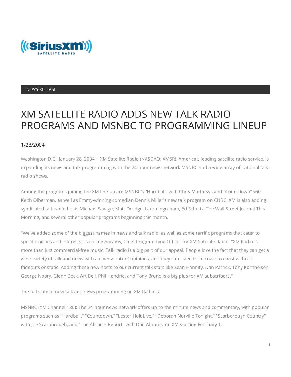 Xm Satellite Radio Adds New Talk Radio Programs and Msnbc to Programming Lineup