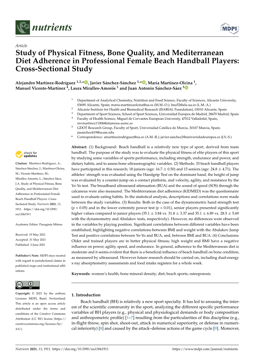 Study of Physical Fitness, Bone Quality, and Mediterranean Diet Adherence in Professional Female Beach Handball Players: Cross-Sectional Study