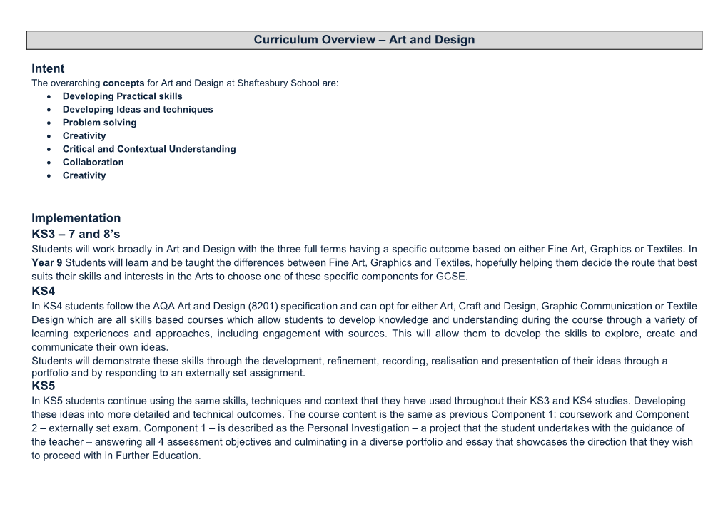 Art and Design Intent Implementation KS3 – 7 and 8'S KS4