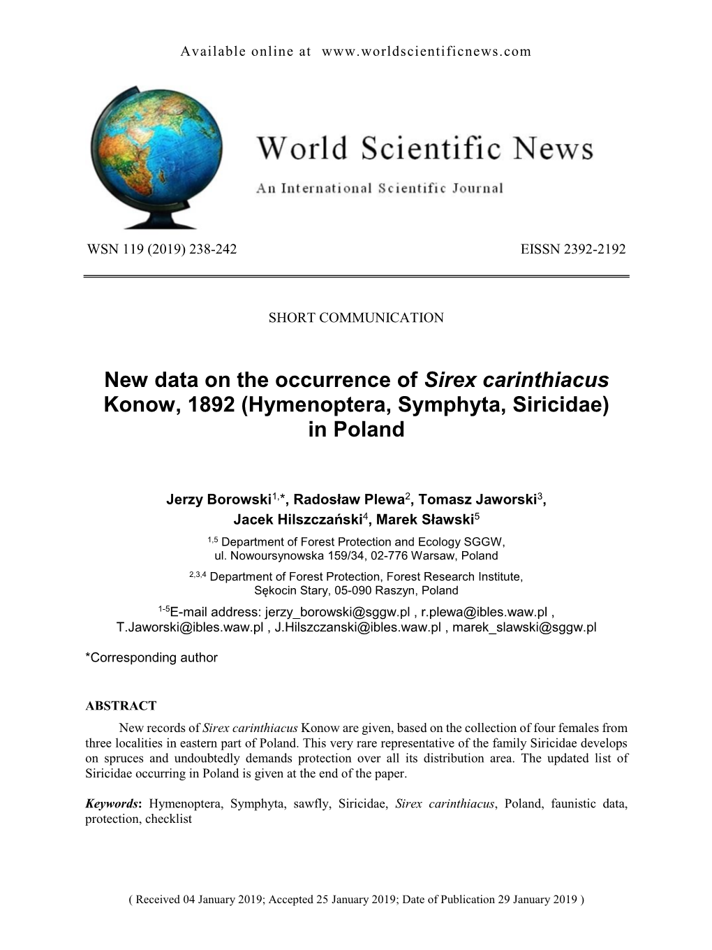 New Data on the Occurrence of Sirex Carinthiacus Konow, 1892 (Hymenoptera, Symphyta, Siricidae) in Poland