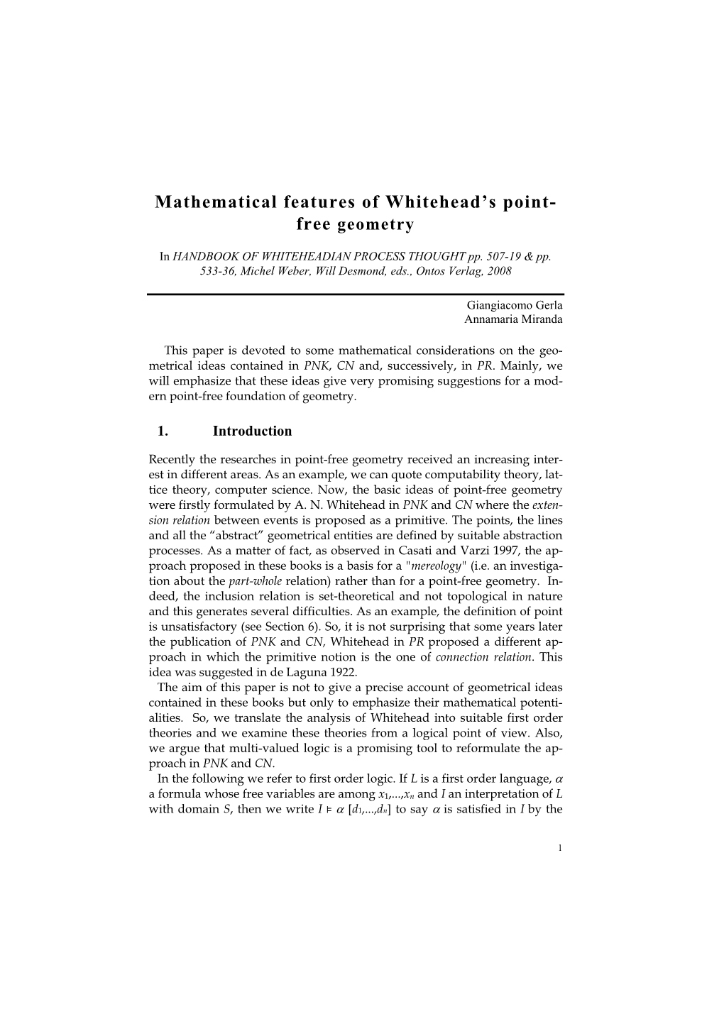 Mathematical Features of Whitehead's Point- Free Geometry