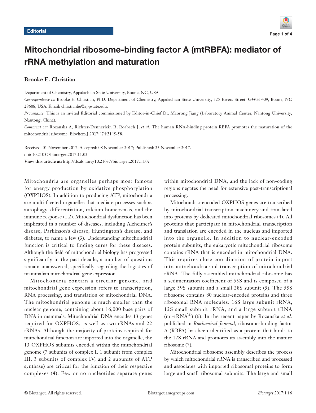 Mitochondrial Ribosome-Binding Factor a (Mtrbfa): Mediator of Rrna Methylation and Maturation