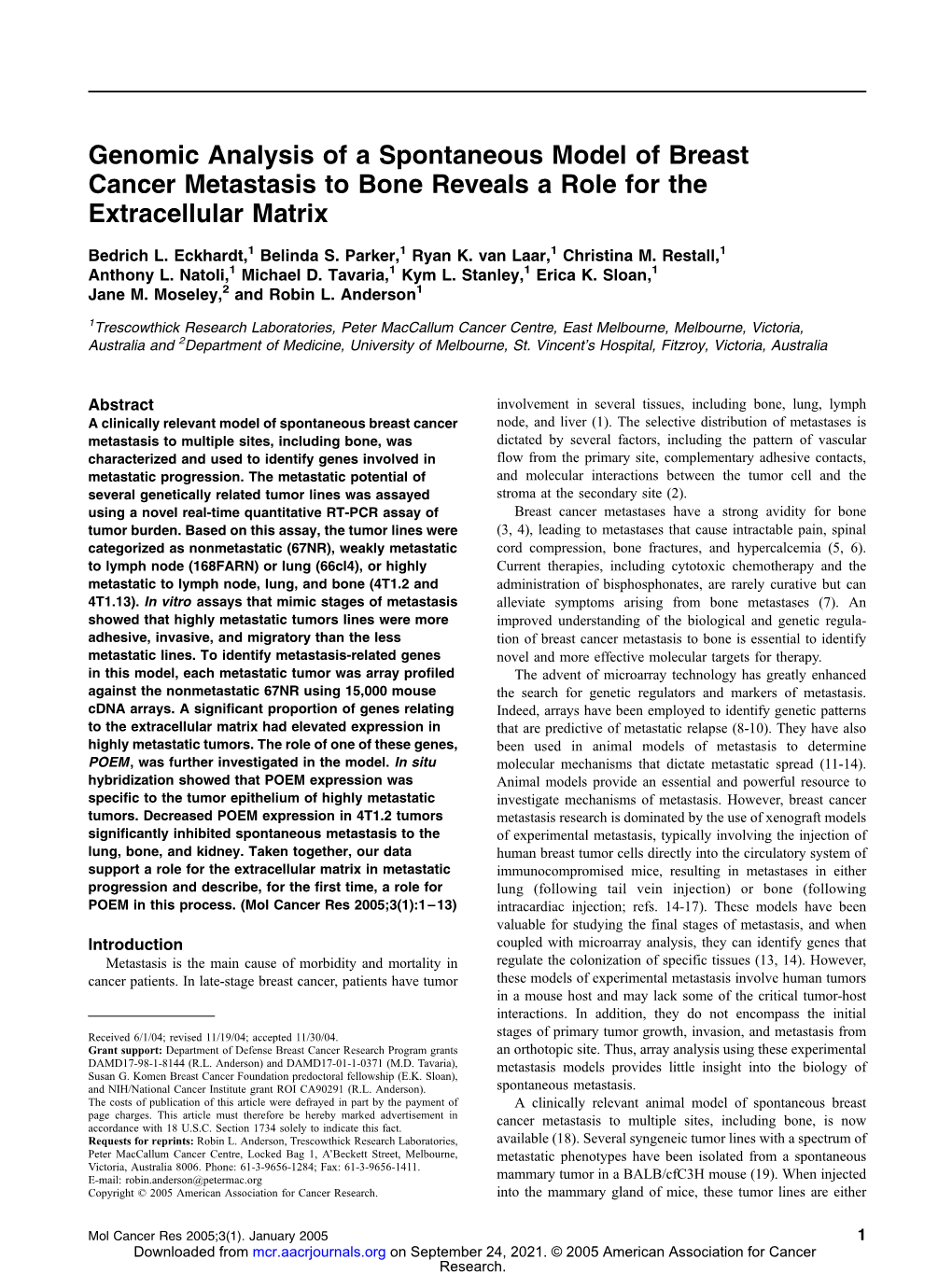 Genomic Analysis of a Spontaneous Model of Breast Cancer Metastasis to Bone Reveals a Role for the Extracellular Matrix