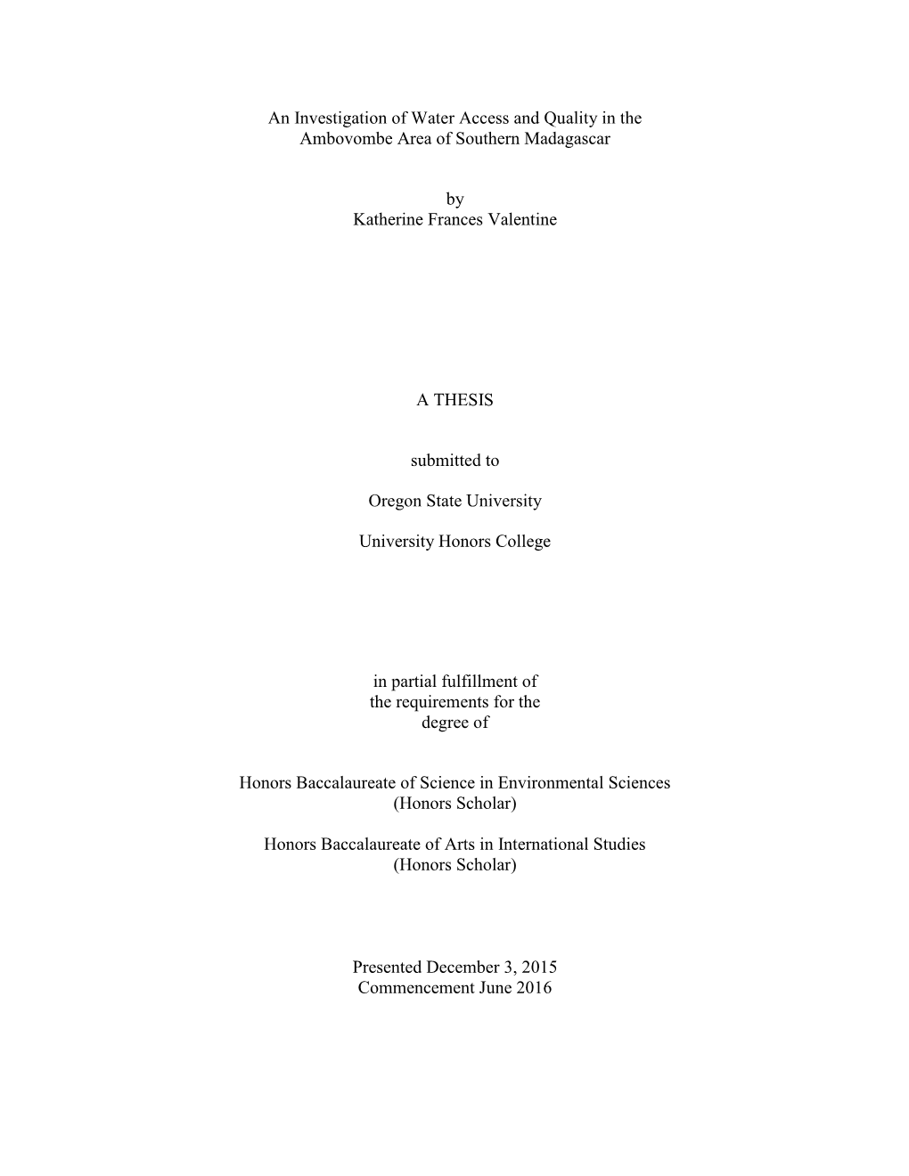 An Investigation of Water Access and Quality in the Ambovombe Area of Southern Madagascar