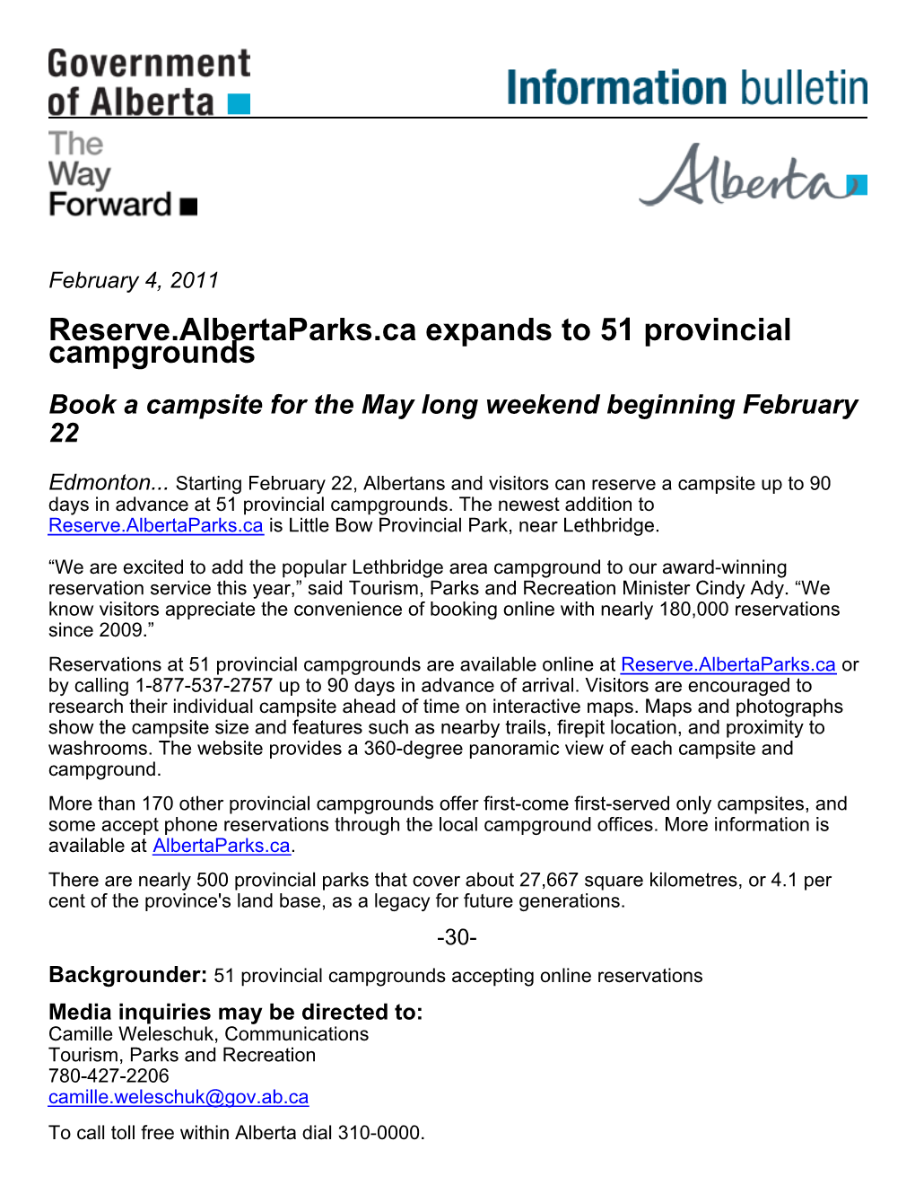 Reserve.Albertaparks.Ca Expands to 51 Provincial Campgrounds Book a Campsite for the May Long Weekend Beginning February 22