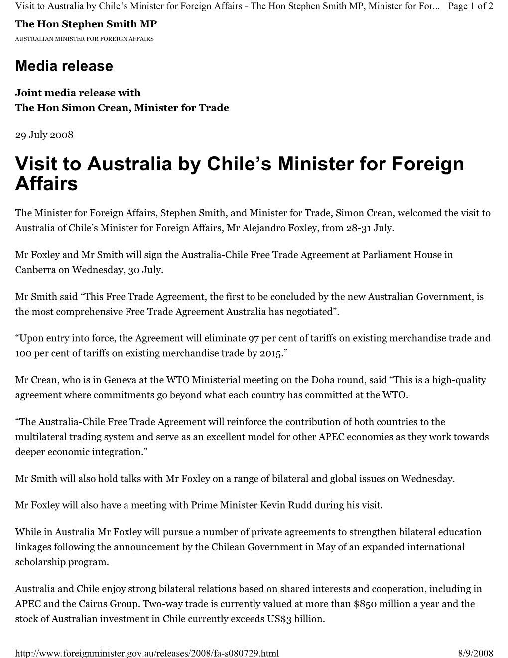 The Chile-Australia Free Trade Agreement to Be Signed At