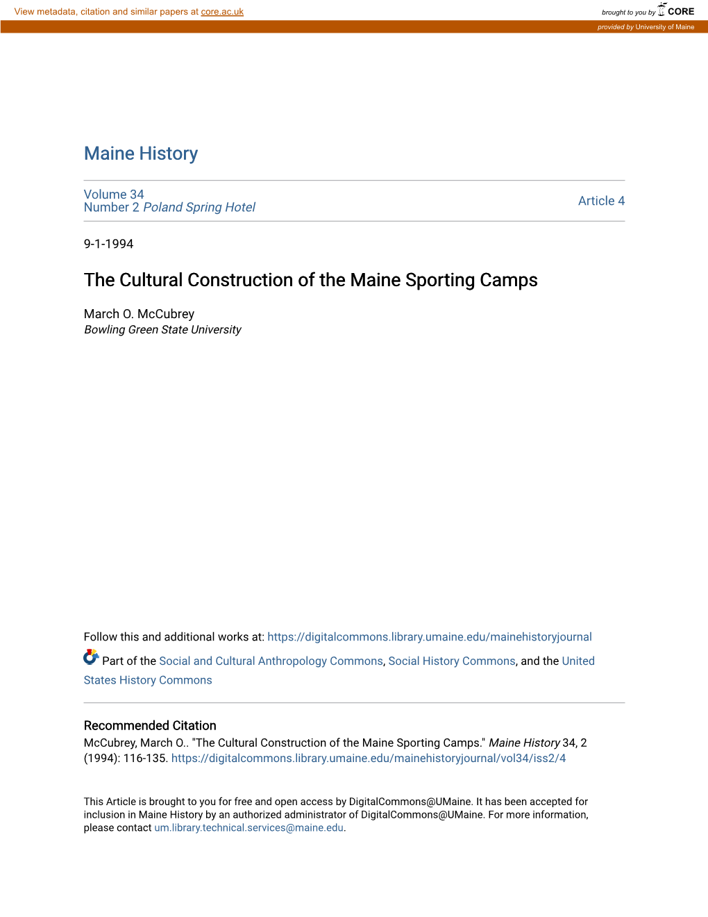 The Cultural Construction of the Maine Sporting Camps