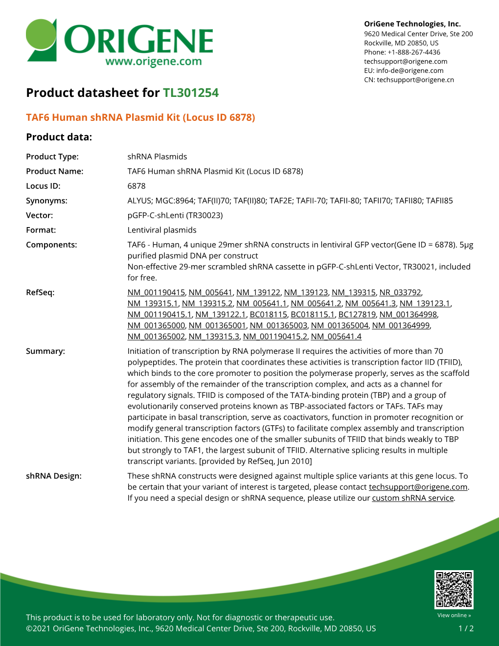 TAF6 Human Shrna Plasmid Kit (Locus ID 6878) Product Data