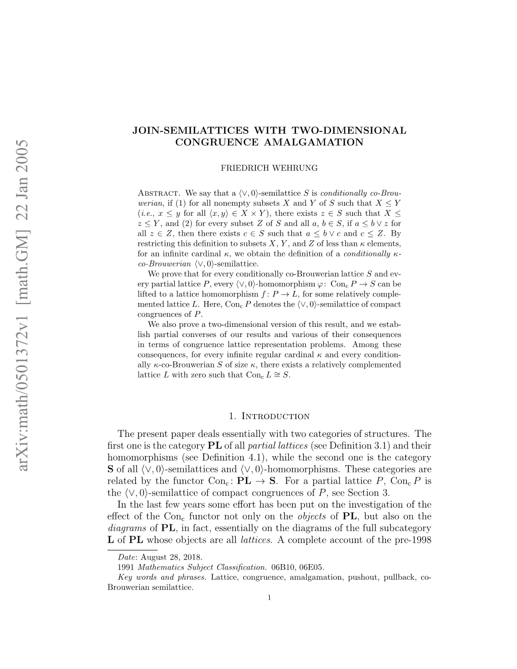 [Math.GM] 22 Jan 2005 the Ooopim Sedﬁiin41,Wietescn N Stecateg the Is One Second the While S 4.1), Deﬁnition (See Homomorphisms Rueinsemilattice