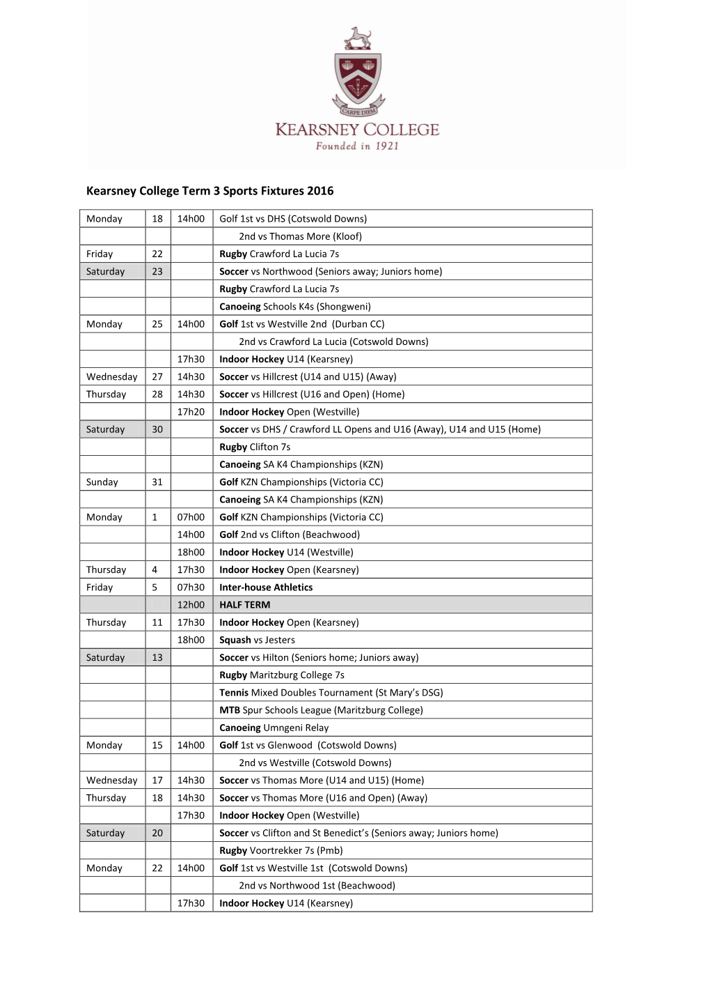 Kearsney College Term 3 Sports Fixtures 2016