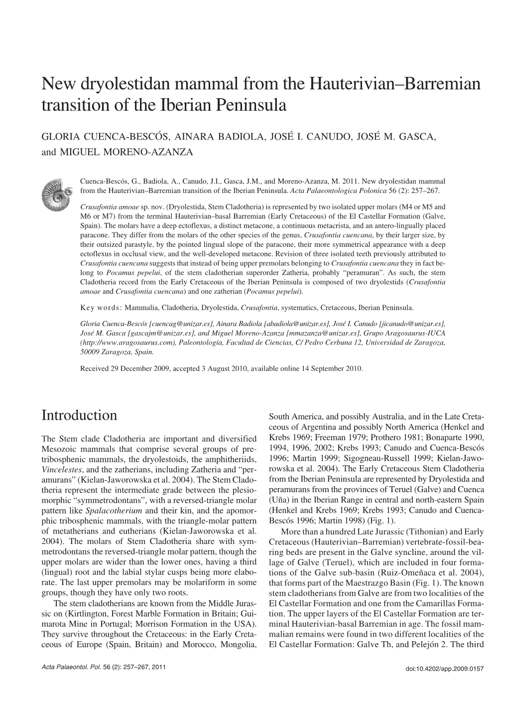 New Dryolestidan Mammal from the Hauterivian–Barremian Transition of the Iberian Peninsula