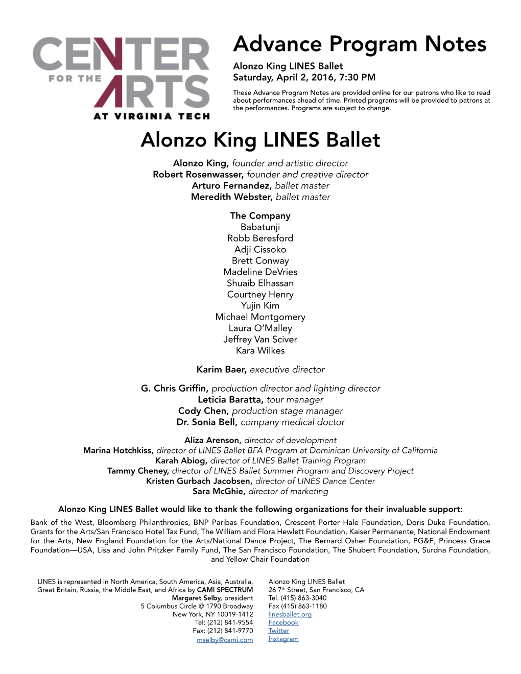 Advance Program Notes Alonzo King LINES Ballet Saturday, April 2, 2016, 7:30 PM