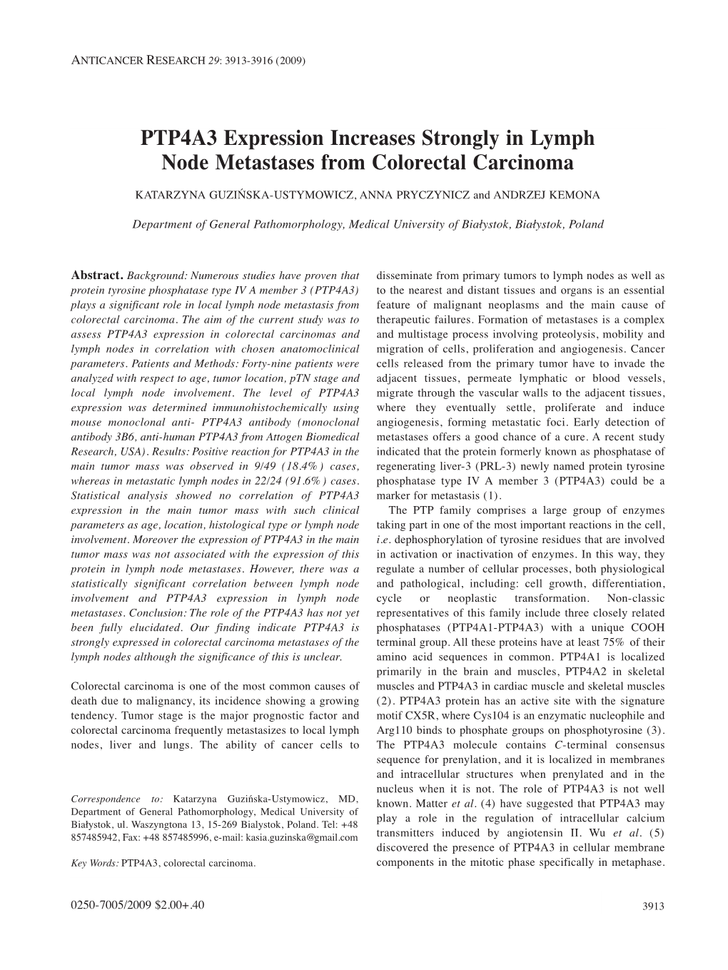 PTP4A3 Expression Increases Strongly in Lymph Node Metastases from Colorectal Carcinoma