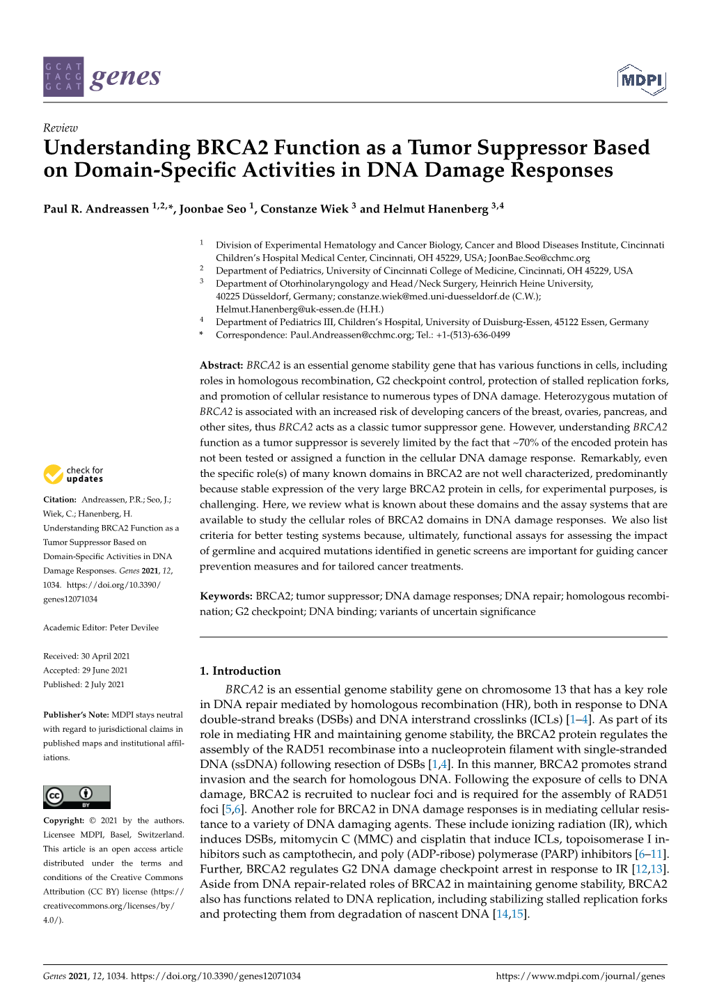 Understanding BRCA2 Function As a Tumor Suppressor Based on Domain-Specific Activities in DNA Damage Responses